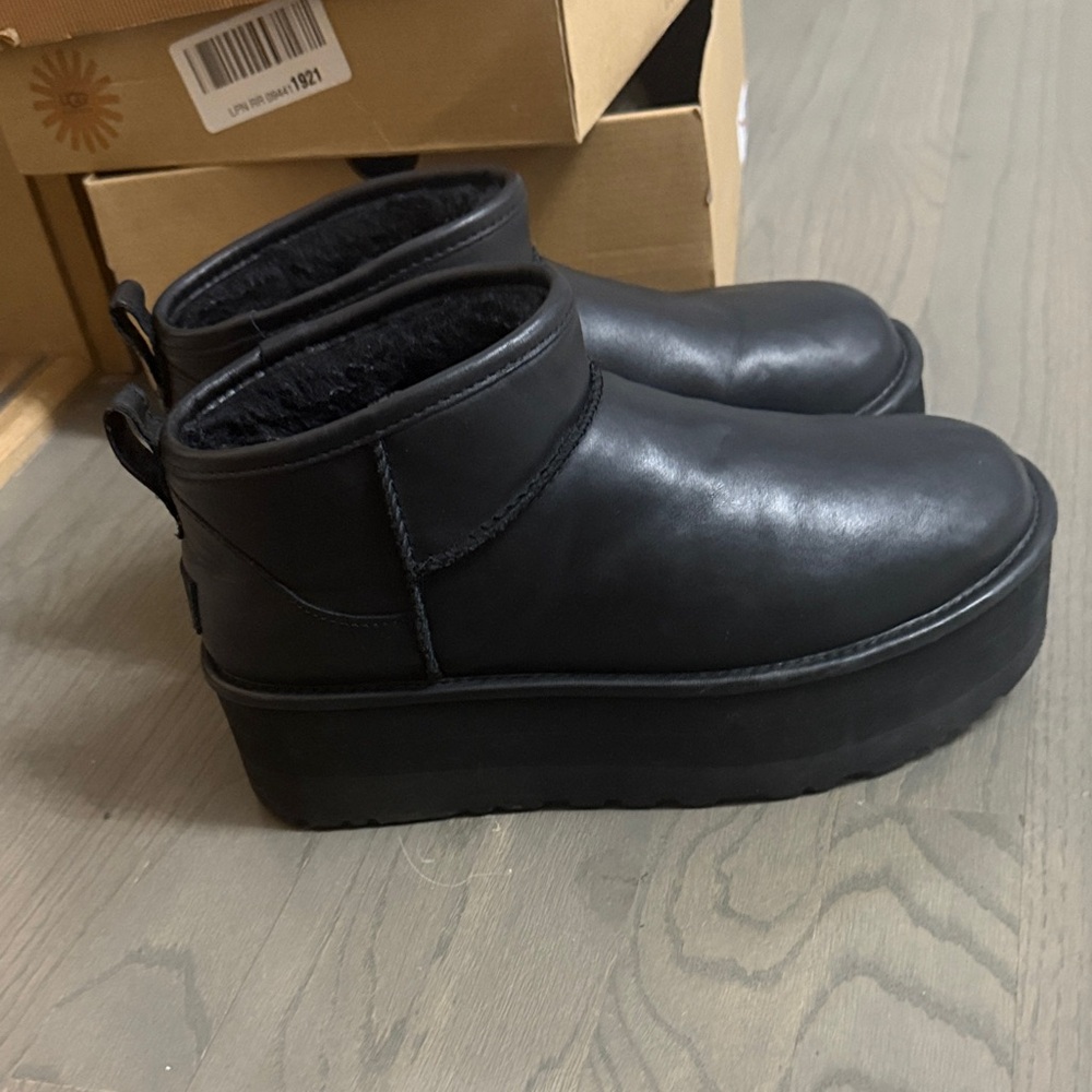 UGG Black Leather Platform Booties